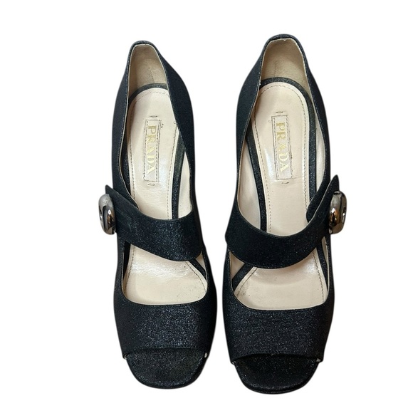 Prada Black Metallic Cloth Platform Mary Jane Heels - Picture 2 of 8